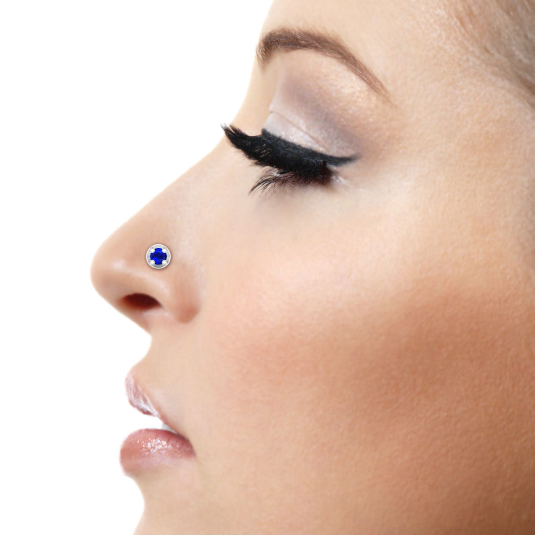 925 sterling silver gold plated Minimalist Nose Pin with sapphire blue stone Model #metal_gold-plated#stone-colour_sapphire-blue