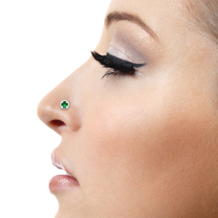 925 sterling silver gold plated Minimalist Nose Pin with emerald green stone Model #metal_gold-plated#stone-colour_emerald-green