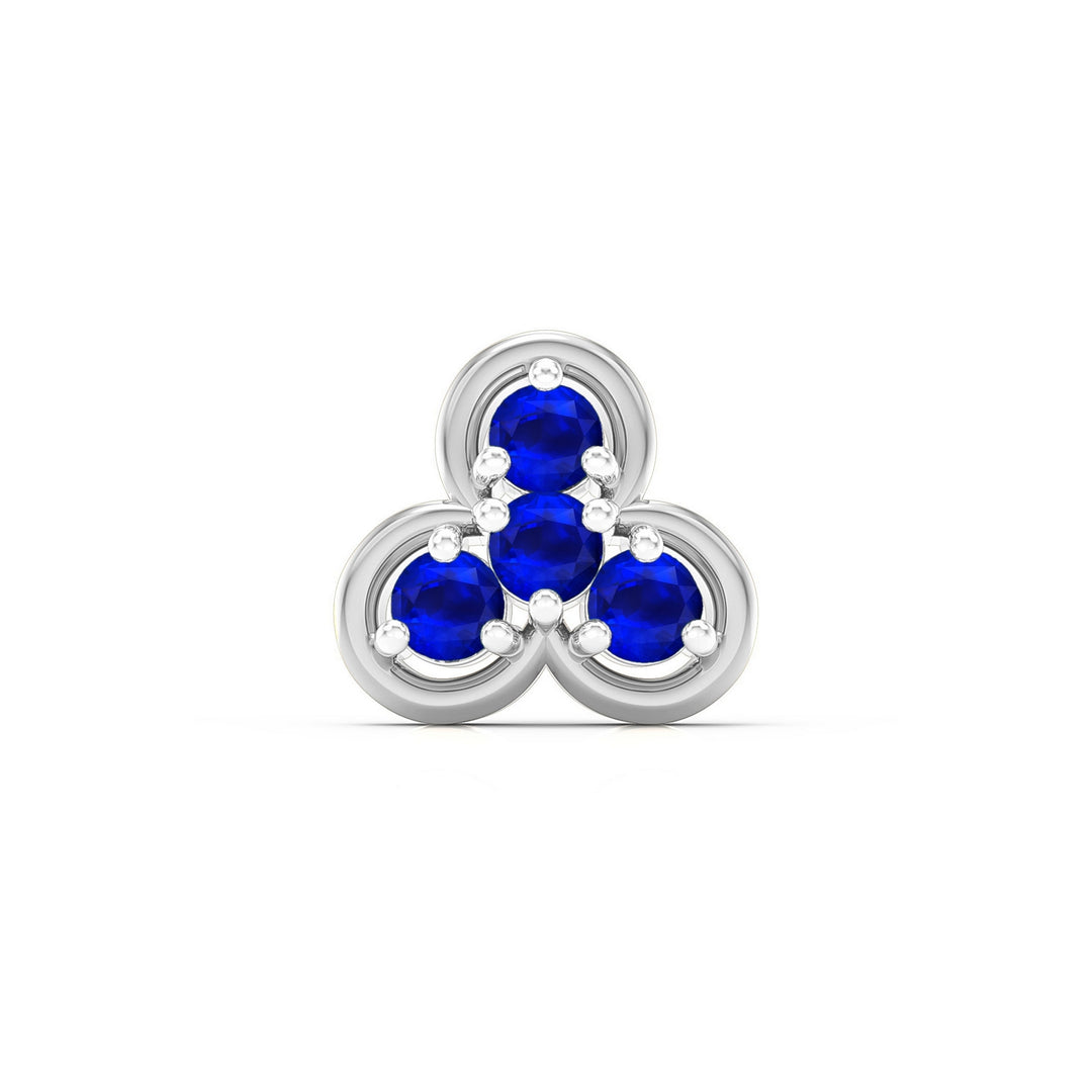 925 sterling silver Clover Nose Pin with sapphire blue stone Front view#metal_sterling-silver#stone-colour_sapphire-blue