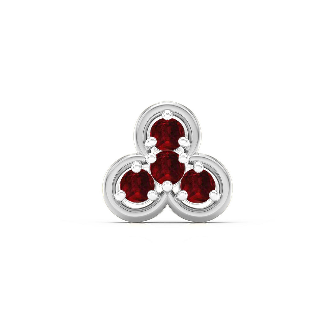 925 sterling silver Clover Nose Pin with ruby red stone Front view#metal_sterling-silver#stone-colour_ruby-red