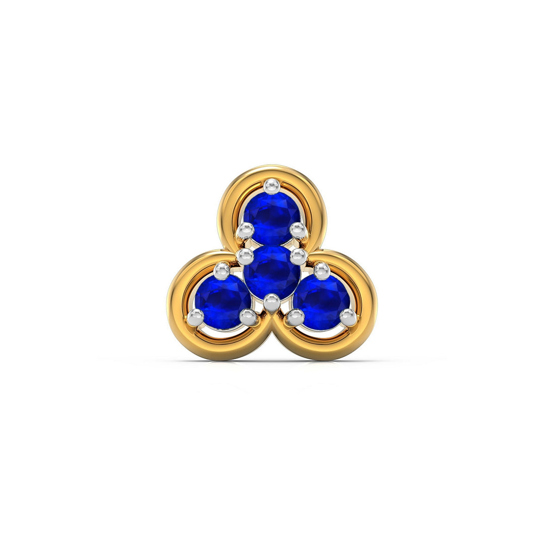 925 sterling silver gold plated Clover Nose Pin with sapphire blue stone Front view#metal_gold-plated#stone-colour_sapphire-blue