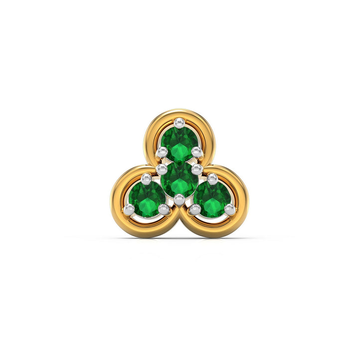 925 sterling silver gold plated Clover Nose Pin with emerald green stone Front view#metal_gold-plated#stone-colour_emerald-green