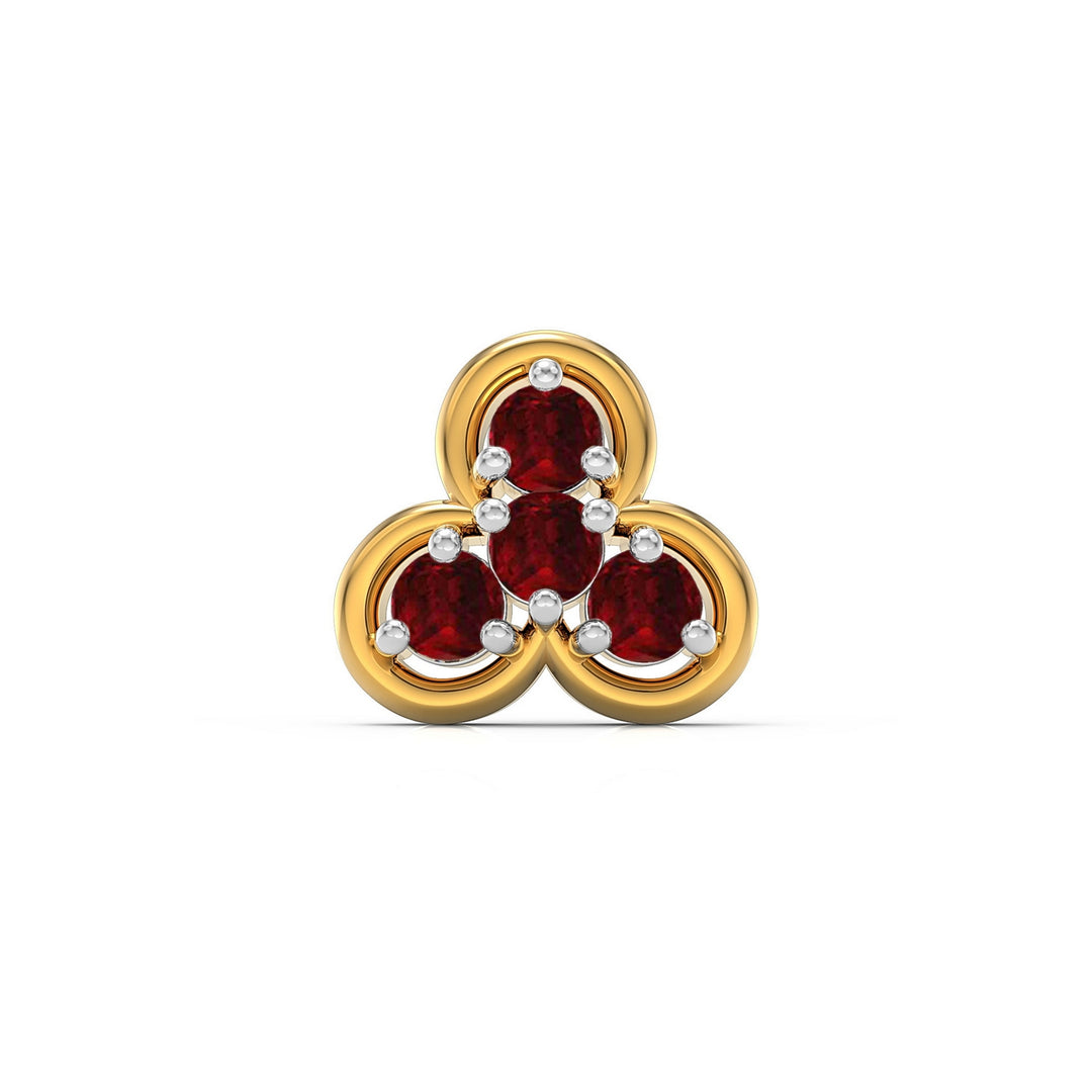 925 sterling silver gold plated Clover Nose Pin with ruby red stone Front view#metal_gold-plated#stone-colour_ruby-red