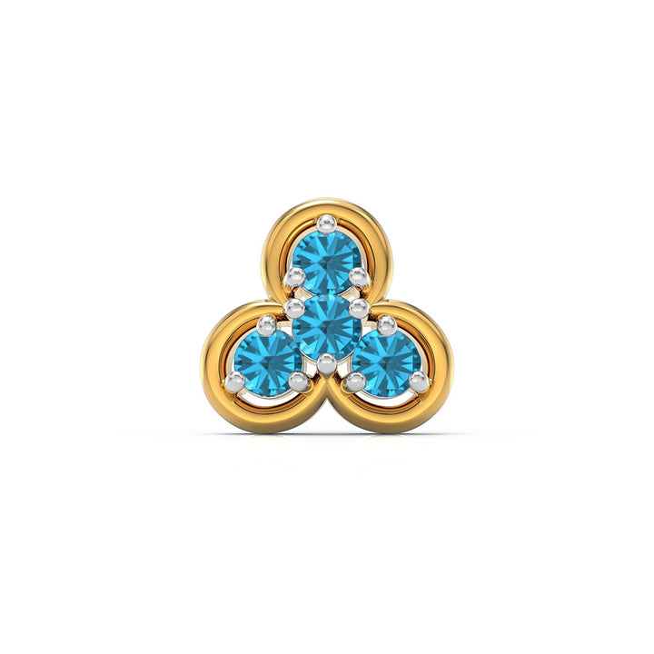 925 sterling silver gold plated Clover Nose Pin with topaz blue stone Front view#metal_gold-plated#stone-colour_topaz-blue