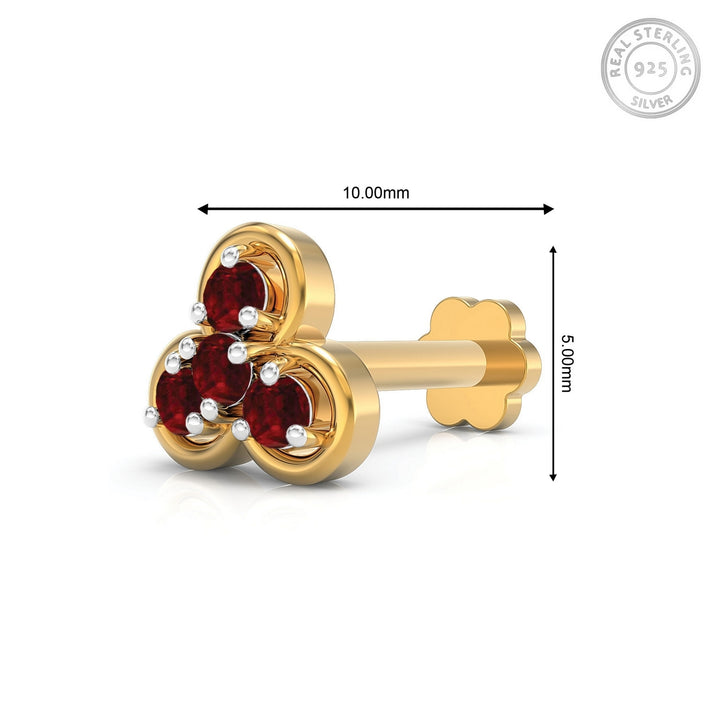 925 sterling silver gold plated Clover Nose Pin with ruby red stone Measurement#metal_gold-plated#stone-colour_ruby-red