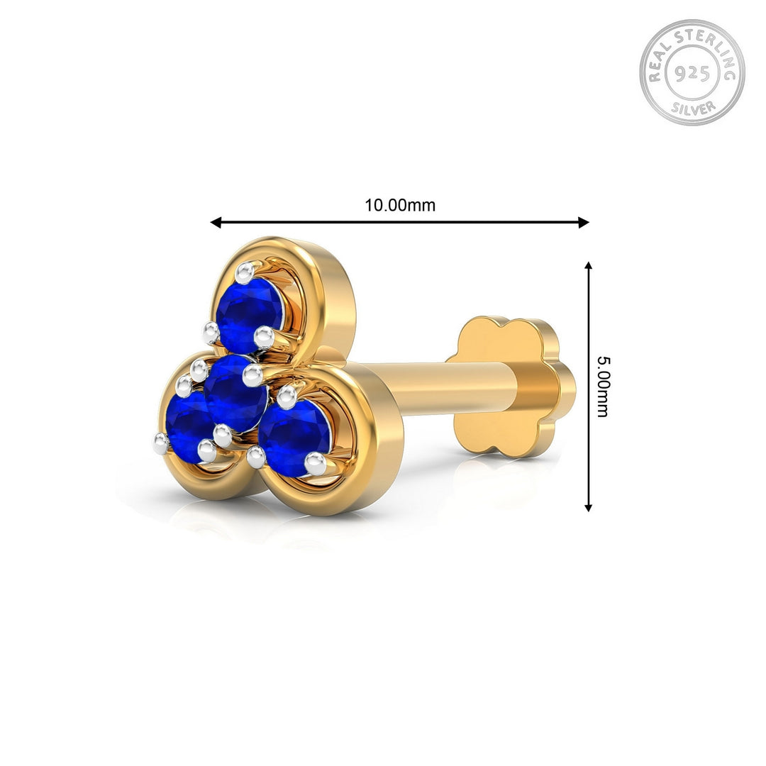 925 sterling silver gold plated Clover Nose Pin with sapphire blue stone Measurement#metal_gold-plated#stone-colour_sapphire-blue