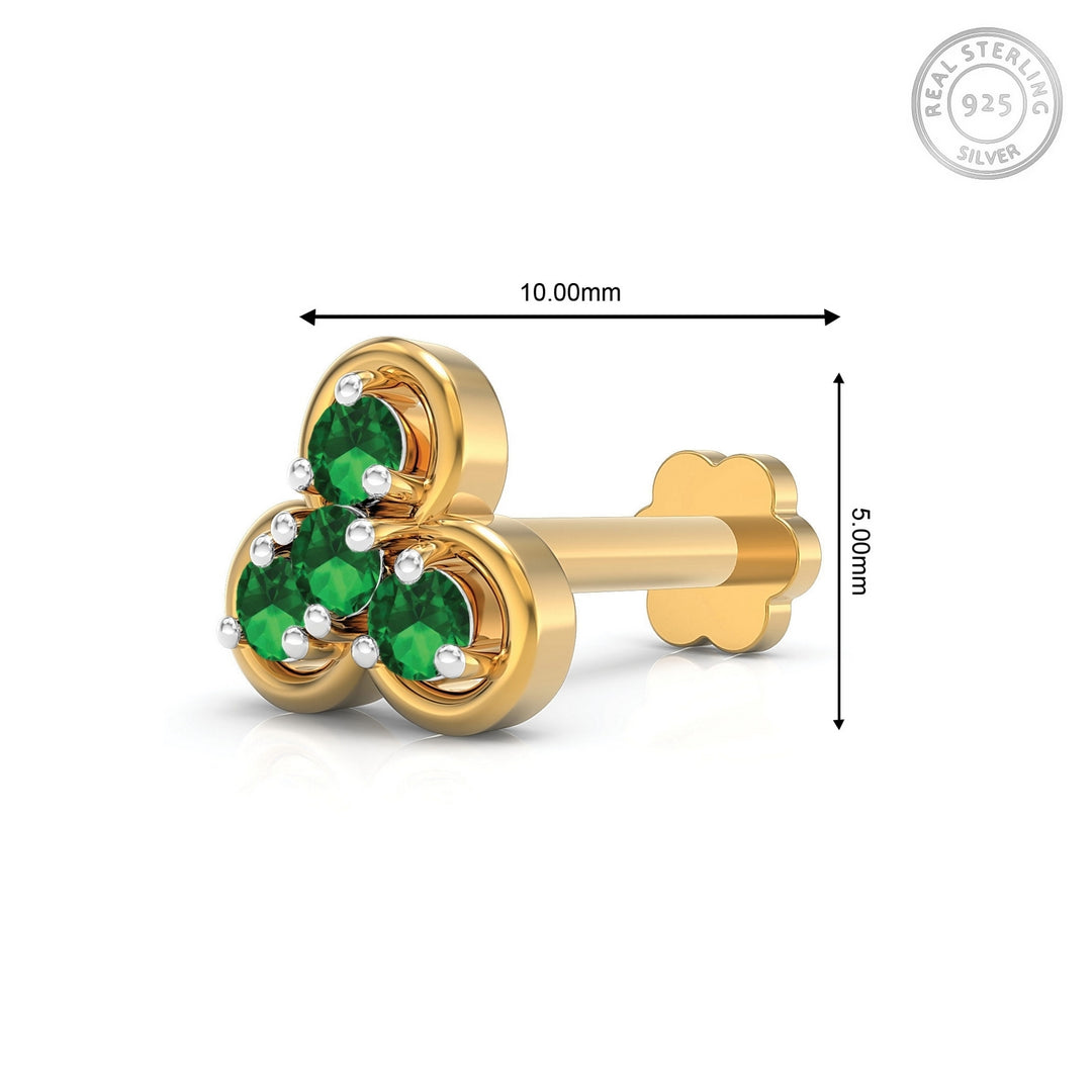 925 sterling silver gold plated Clover Nose Pin with emerald green stone Measurement#metal_gold-plated#stone-colour_emerald-green