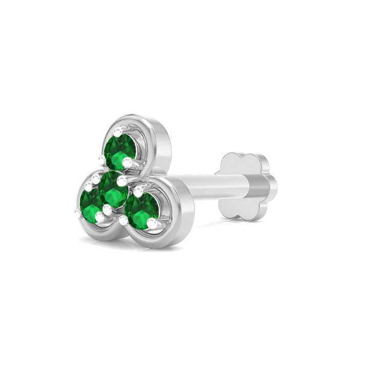 925 sterling silver Clover Nose Pin with emerald green stone Front view#metal_sterling-silver#stone-colour_emerald-green