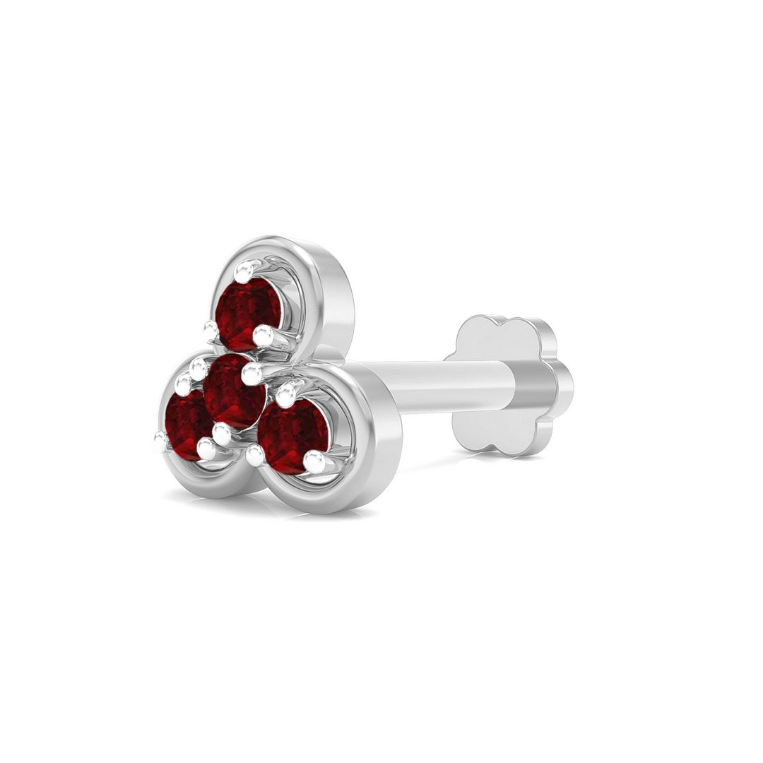 925 sterling silver Clover Nose Pin with ruby red stone Main view#metal_sterling-silver#stone-colour_ruby-red