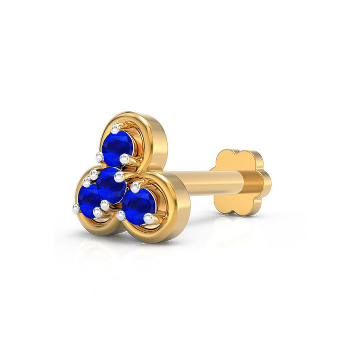 925 sterling silver gold plated Clover Nose Pin with sapphire blue stone Main view#metal_gold-plated#stone-colour_sapphire-blue