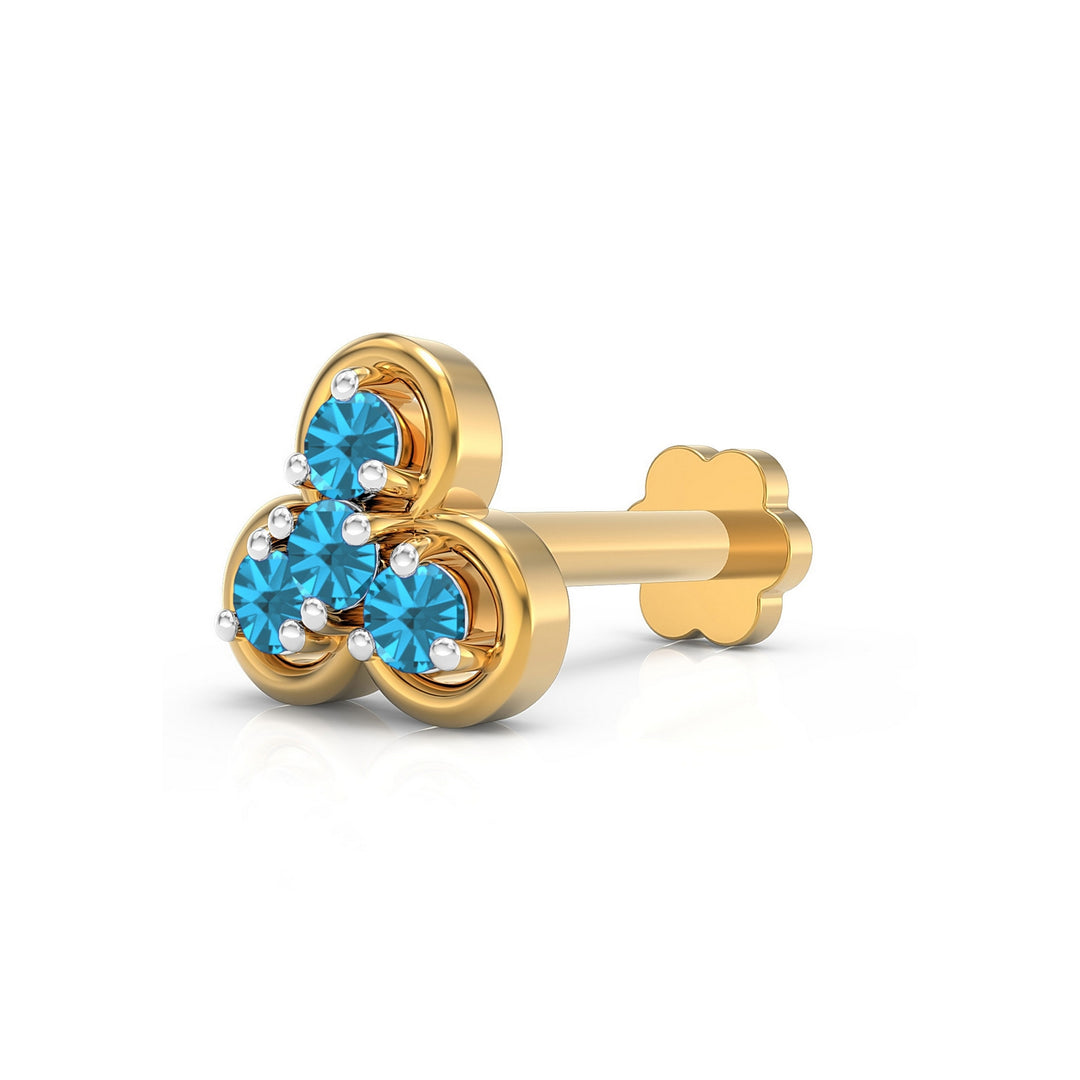 925 sterling silver gold plated Clover Nose Pin with topaz blue stone Main view#metal_gold-plated#stone-colour_topaz-blue