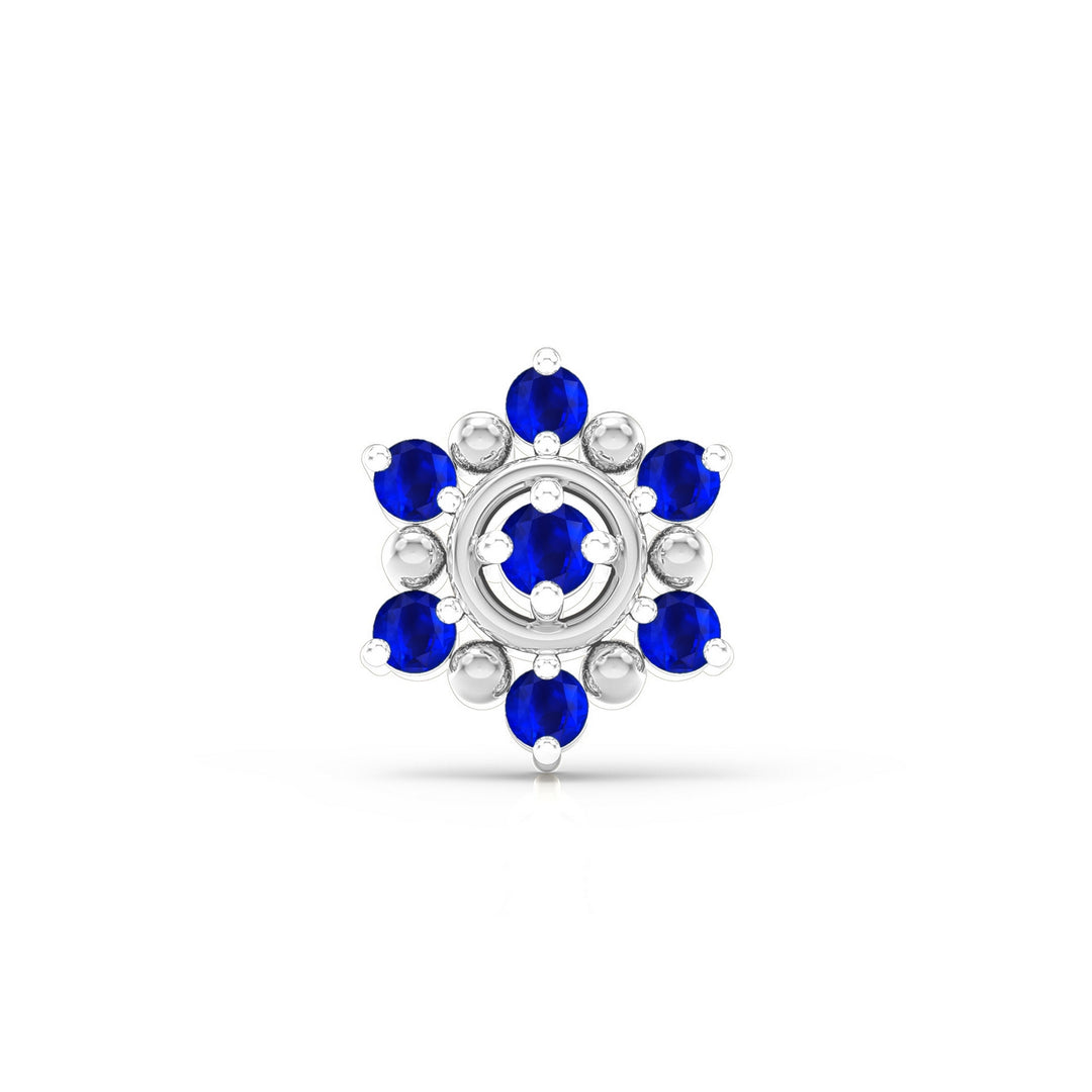 925 sterling silver Halo Nose Pin with sapphire blue stone Front view#metal_sterling-silver#stone-colour_sapphire-blue