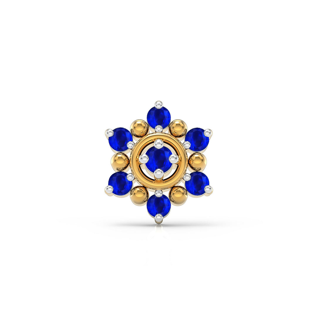 925 sterling silver gold plated Halo Nose Pin with sapphire blue stone Front view#metal_gold-plated#stone-colour_sapphire-blue