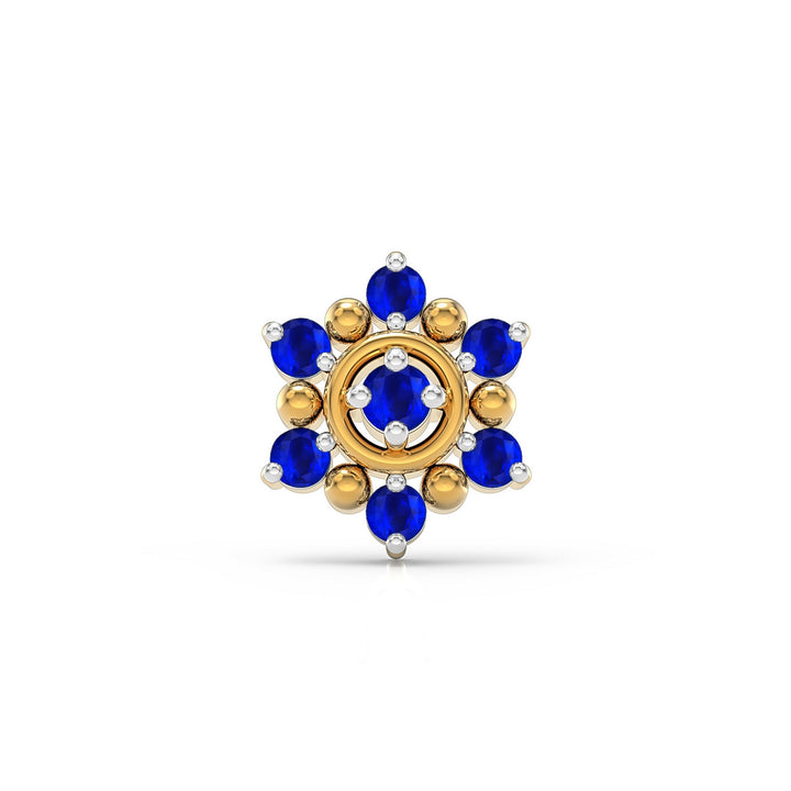 925 sterling silver gold plated Halo Nose Pin with sapphire blue stone Front view#metal_gold-plated#stone-colour_sapphire-blue