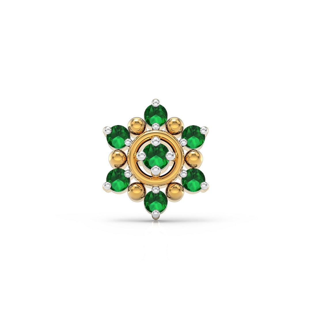 925 sterling silver gold plated Halo Nose Pin with emerald green stone Front view#metal_gold-plated#stone-colour_emerald-green