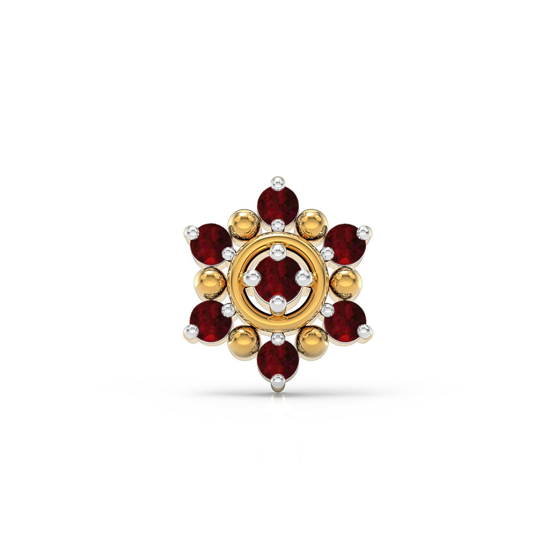 925 sterling silver gold plated Halo Nose Pin with ruby red stone Front view#metal_gold-plated#stone-colour_ruby-red