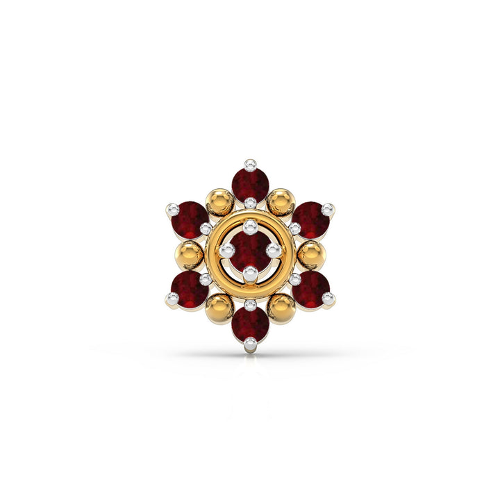 925 sterling silver gold plated Halo Nose Pin with ruby red stone Front view#metal_gold-plated#stone-colour_ruby-red