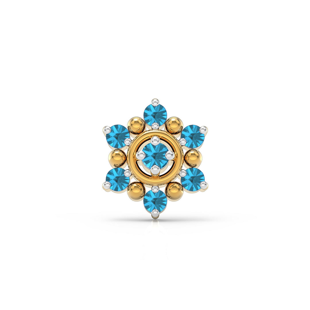 925 sterling silver gold plated Halo Nose Pin with topaz blue stone Front view#metal_gold-plated#stone-colour_topaz-blue