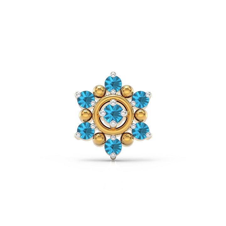 925 sterling silver gold plated Halo Nose Pin with topaz blue stone Front view#metal_gold-plated#stone-colour_topaz-blue