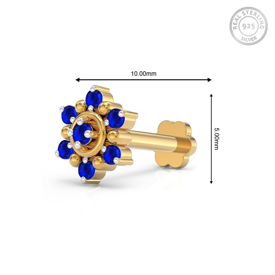 925 sterling silver gold plated Halo Nose Pin with sapphire blue stone Measurement#metal_gold-plated#stone-colour_sapphire-blue