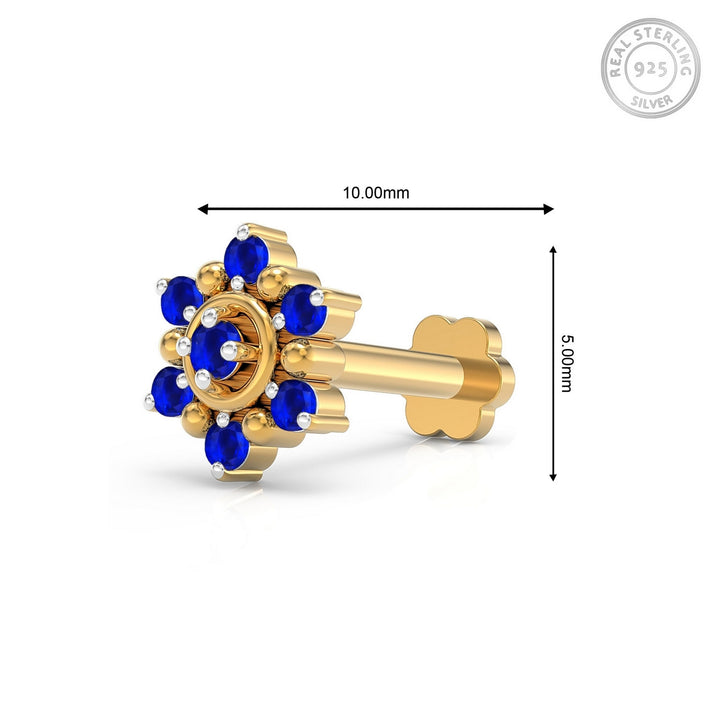 925 sterling silver gold plated Halo Nose Pin with sapphire blue stone Measurement#metal_gold-plated#stone-colour_sapphire-blue