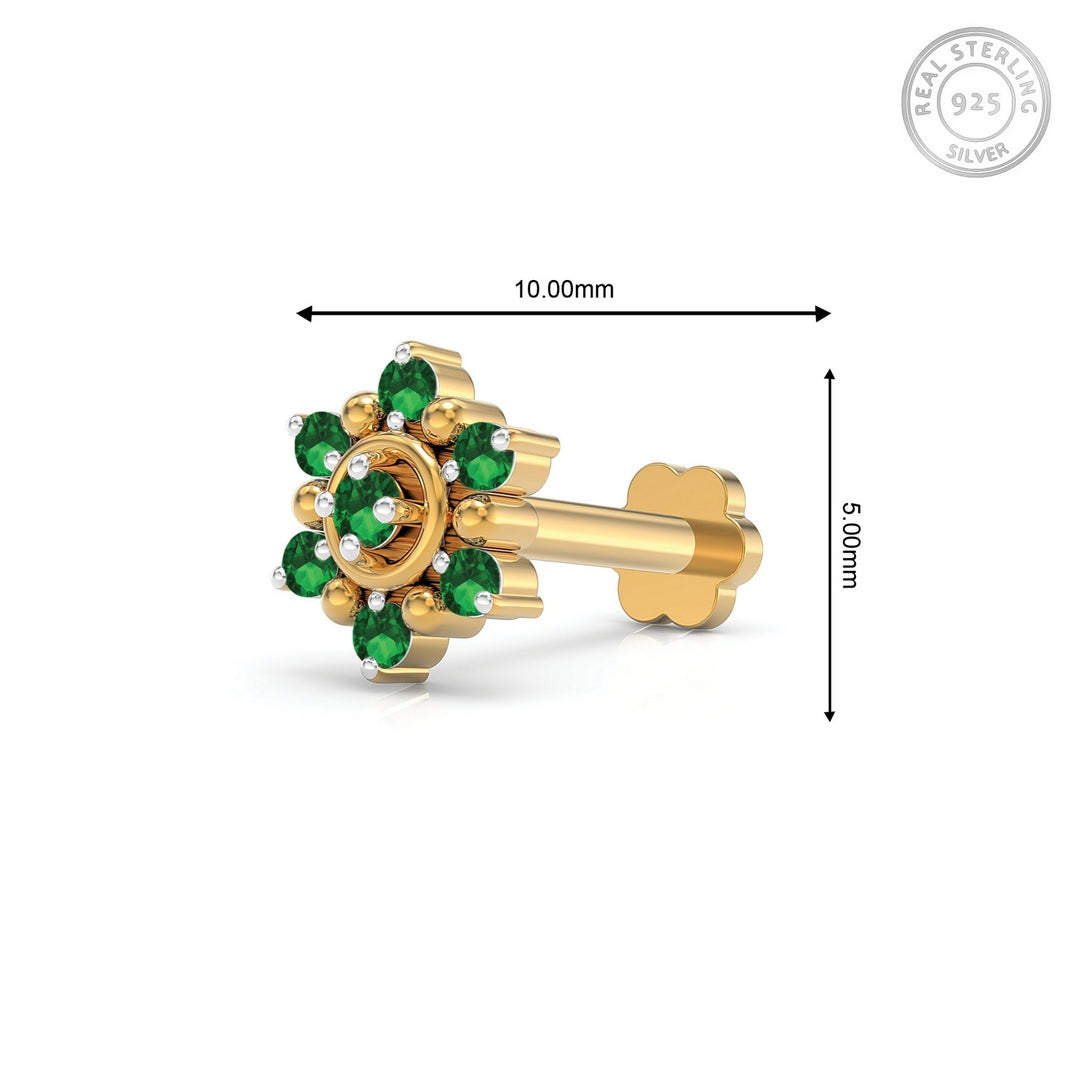 925 sterling silver gold plated Halo Nose Pin with emerald green stone Measurement#metal_gold-plated#stone-colour_emerald-green