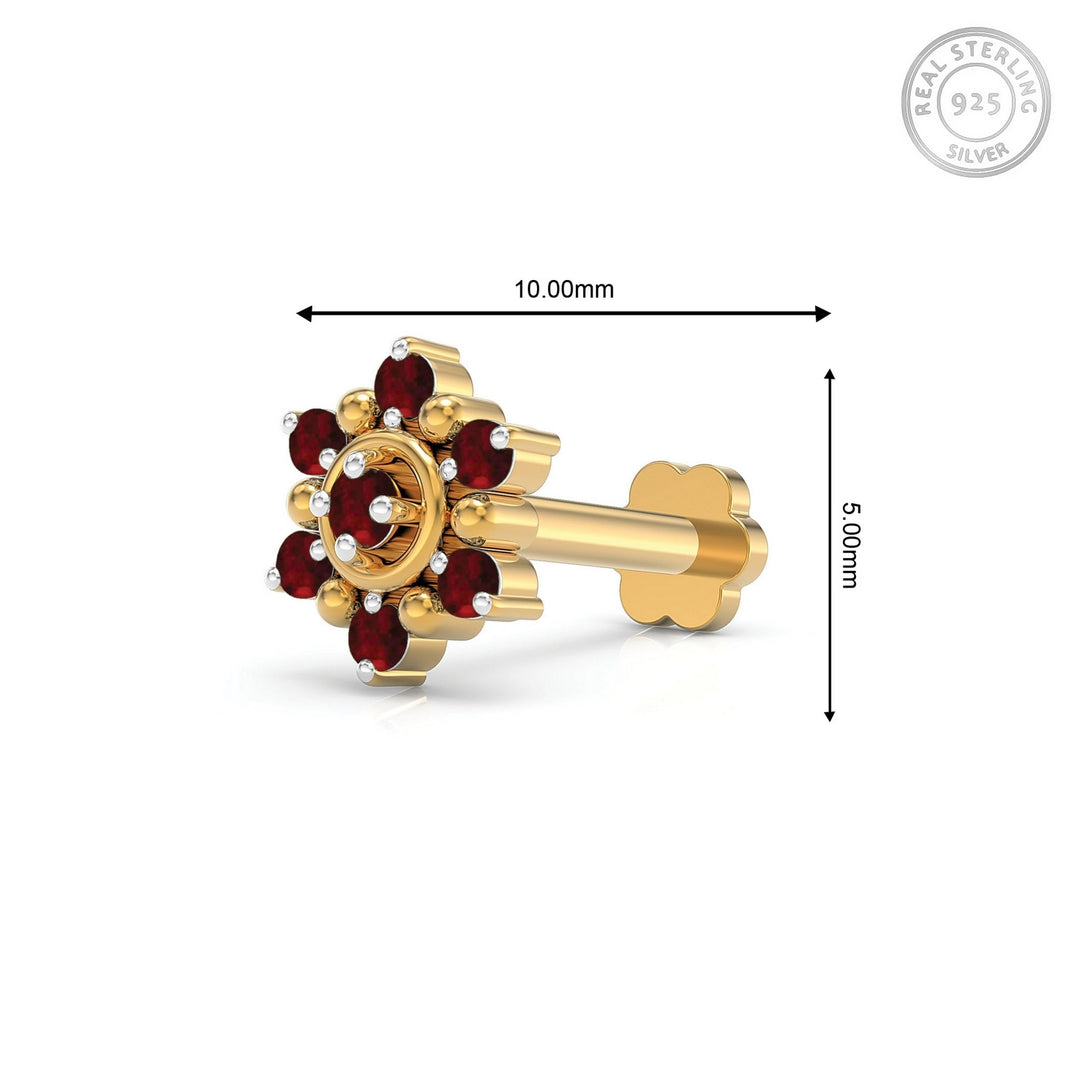 925 sterling silver gold plated Halo Nose Pin with ruby red stone Measurement#metal_gold-plated#stone-colour_ruby-red