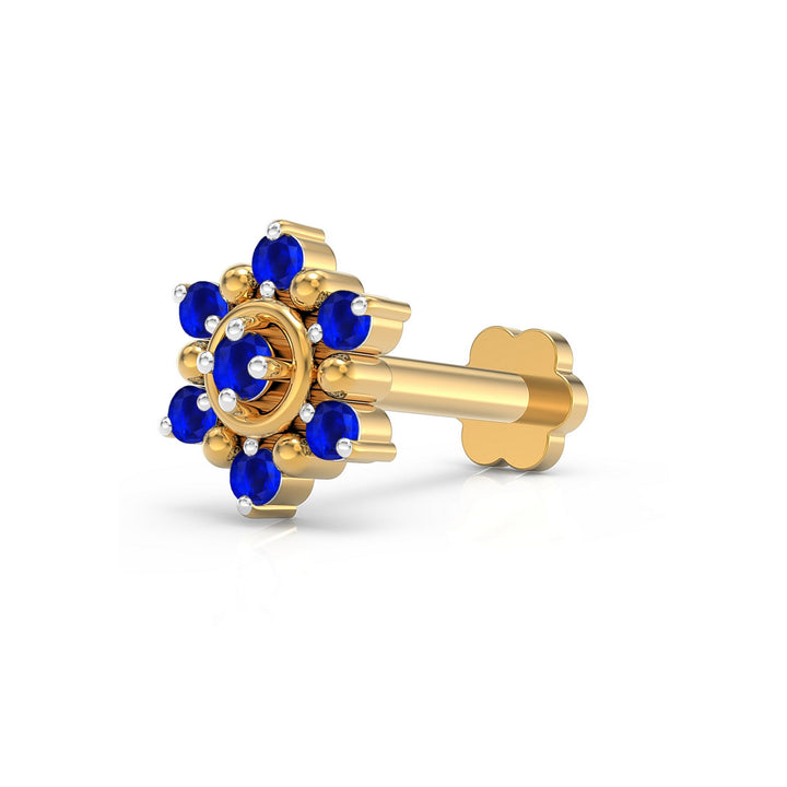 925 sterling silver gold plated Halo Nose Pin with sapphire blue stone Main view#metal_gold-plated#stone-colour_sapphire-blue