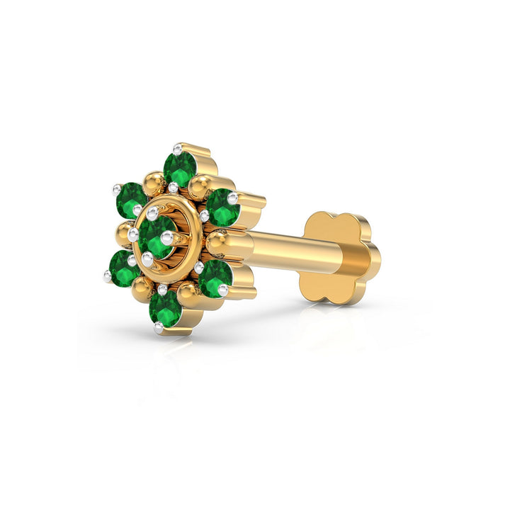 925 sterling silver gold plated Halo Nose Pin with emerald green stone Main view#metal_gold-plated#stone-colour_emerald-green