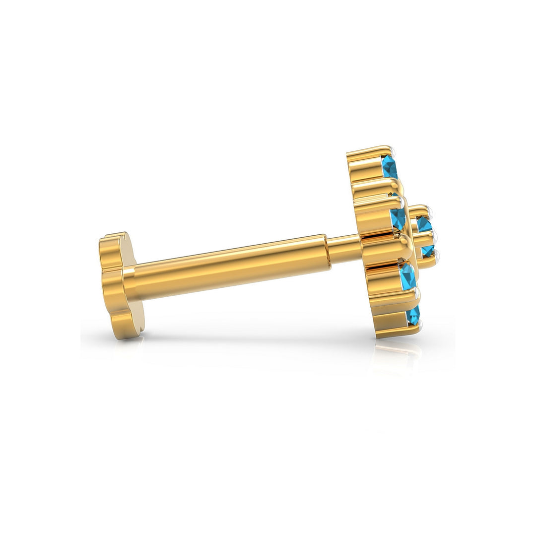 925 sterling silver gold plated Halo Nose Pin with topaz blue stone Side View#metal_gold-plated#stone-colour_topaz-blue