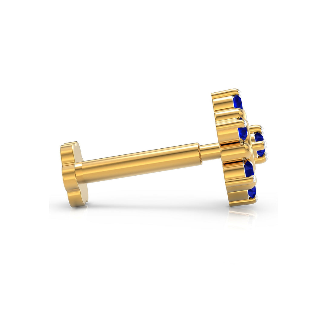 925 sterling silver gold plated Halo Nose Pin with sapphire blue stone Side View#metal_gold-plated#stone-colour_sapphire-blue