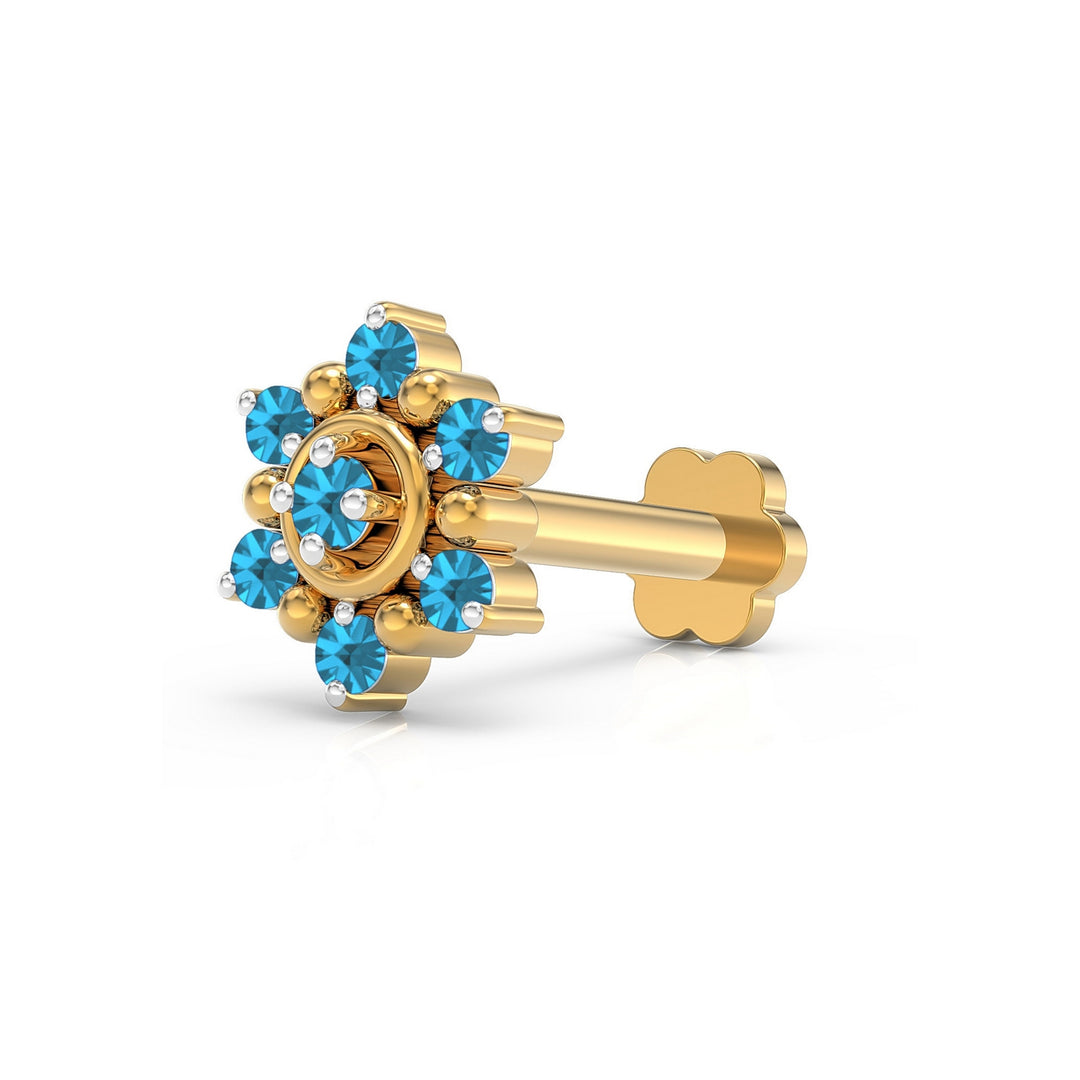 925 sterling silver gold plated Halo Nose Pin with topaz blue stone Main view#metal_gold-plated#stone-colour_topaz-blue