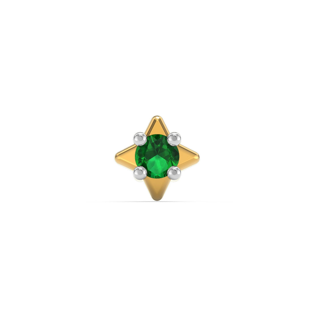 925 sterling silver gold plated Star Nose Pin with emerald green stone Front view#metal_gold-plated#stone-colour_emerald-green