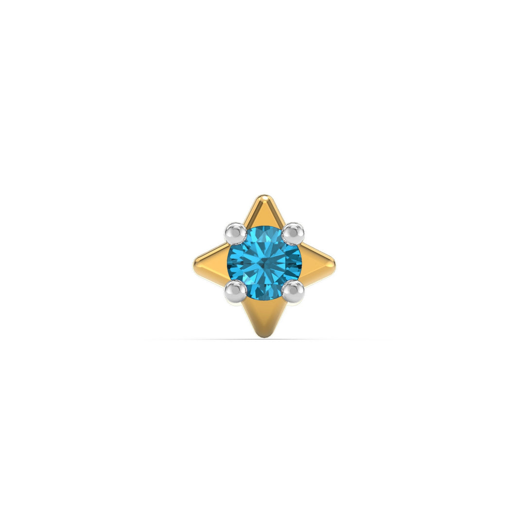 925 sterling silver gold plated Star Nose Pin with topaz blue stone Front view#metal_gold-plated#stone-colour_topaz-blue