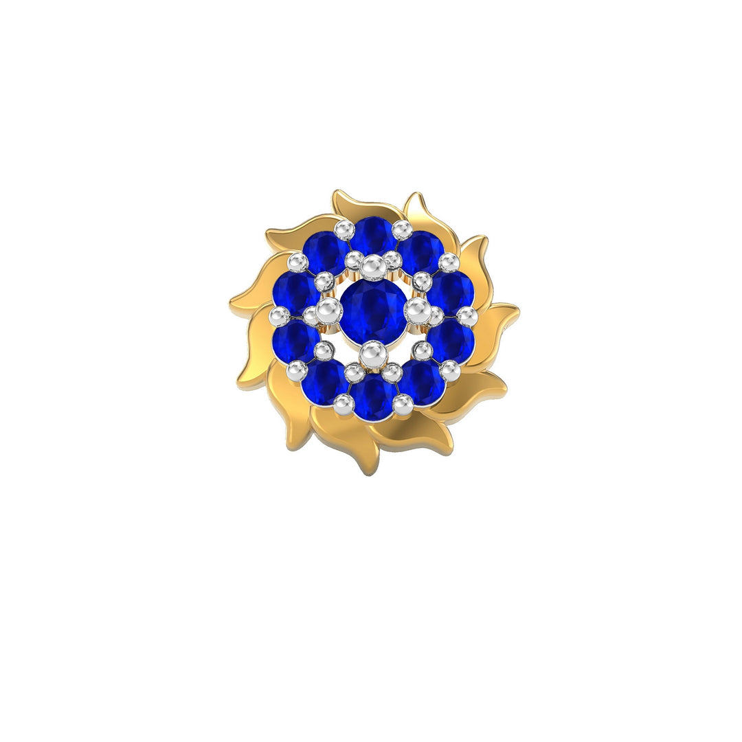 925 sterling silver gold plated Sun Nose Pin with sapphire blue stone Front view#metal_gold-plated#stone-colour_sapphire-blue