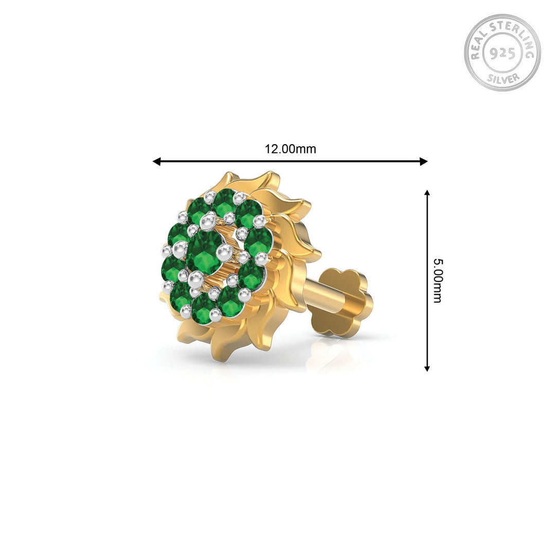 925 sterling silver gold plated Sun Nose Pin with emerald green stone Measurement#metal_gold-plated#stone-colour_emerald-green