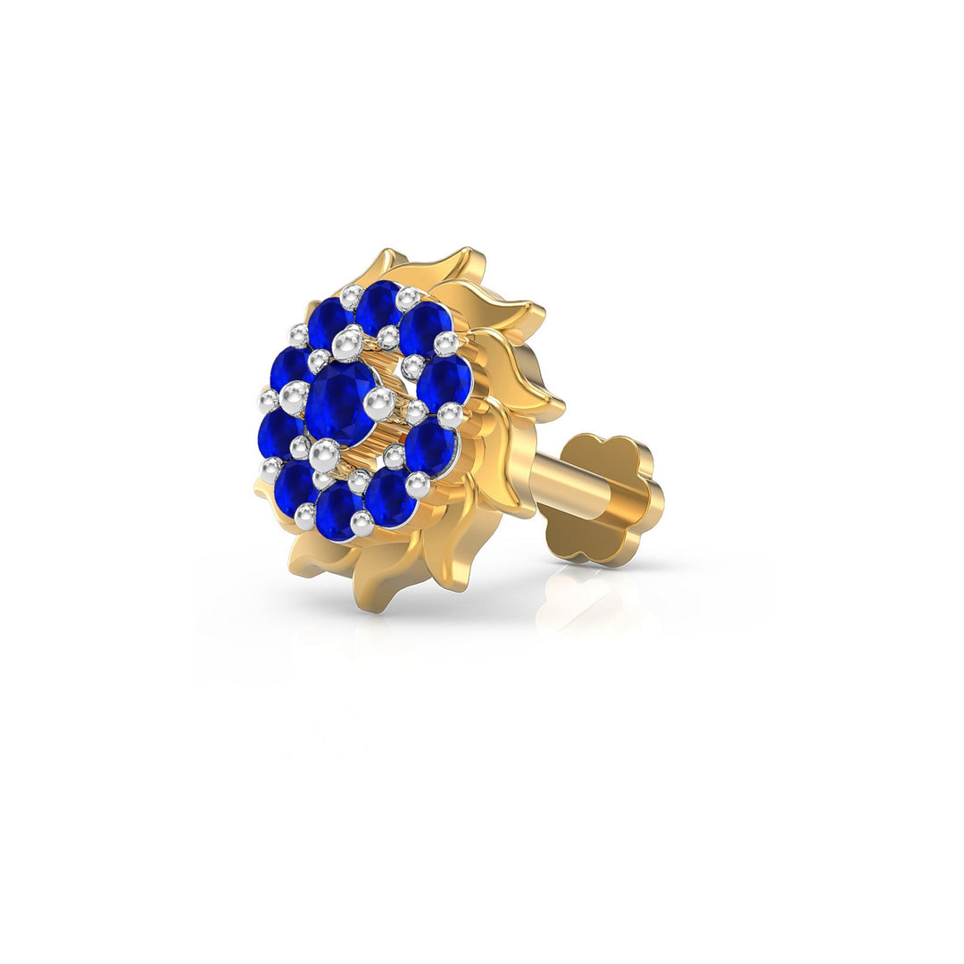 925 sterling silver gold plated Sun Nose Pin with sapphire blue stone Main view#metal_gold-plated#stone-colour_sapphire-blue