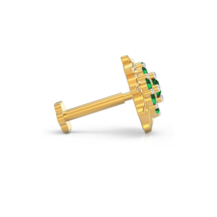 925 sterling silver gold plated Sun Nose Pin with emerald green stone Side View#metal_gold-plated#stone-colour_emerald-green