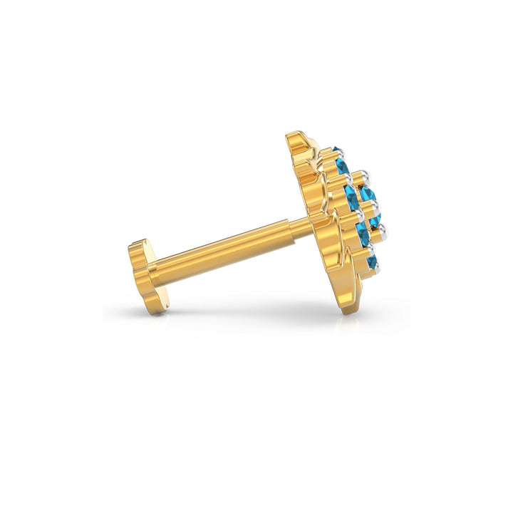 925 sterling silver gold plated Sun Nose Pin with topaz blue stone Side View#metal_gold-plated#stone-colour_topaz-blue