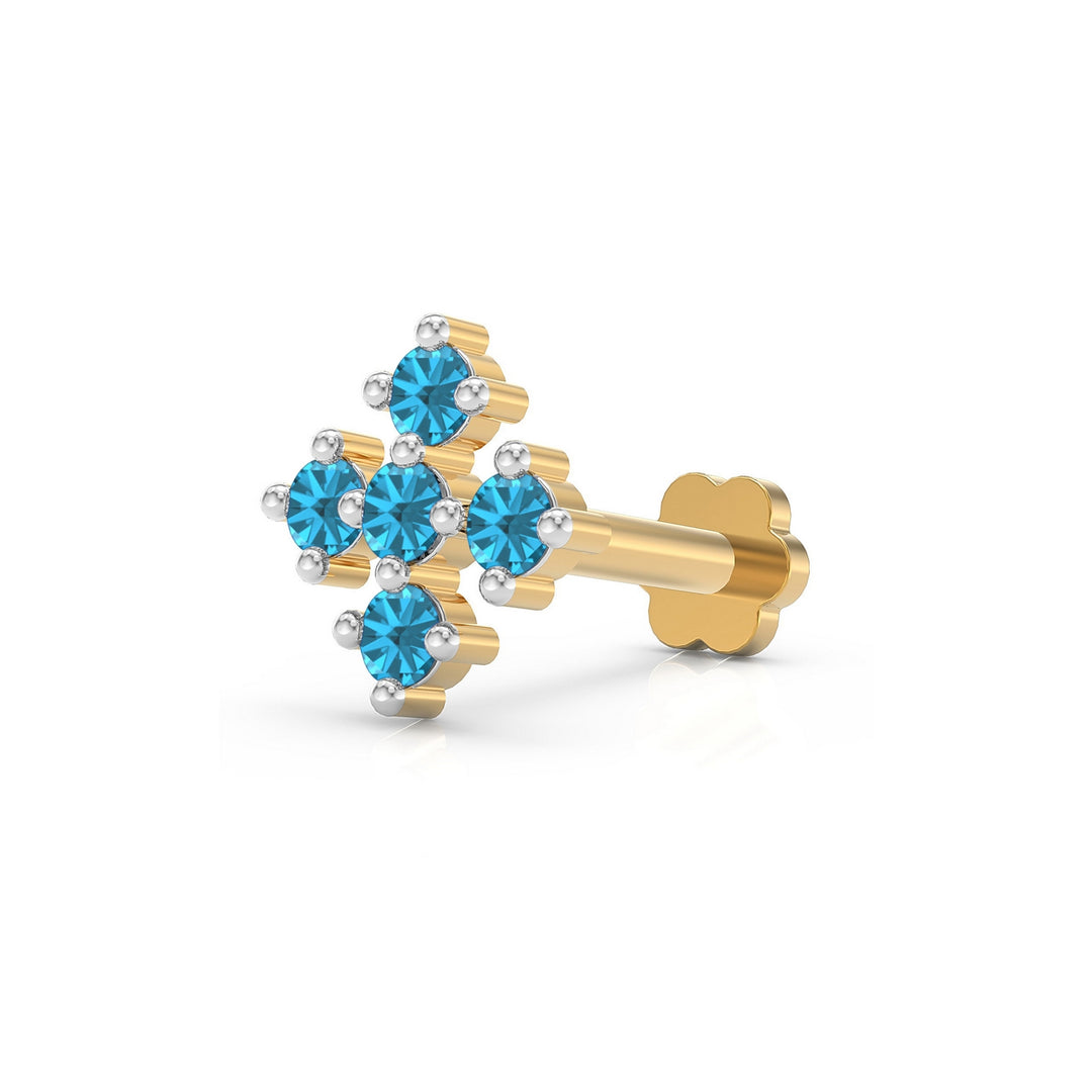 925 sterling silver gold plated Compass Nose Pin with topaz blue stone Main view#metal_gold-plated#stone-colour_topaz-blue