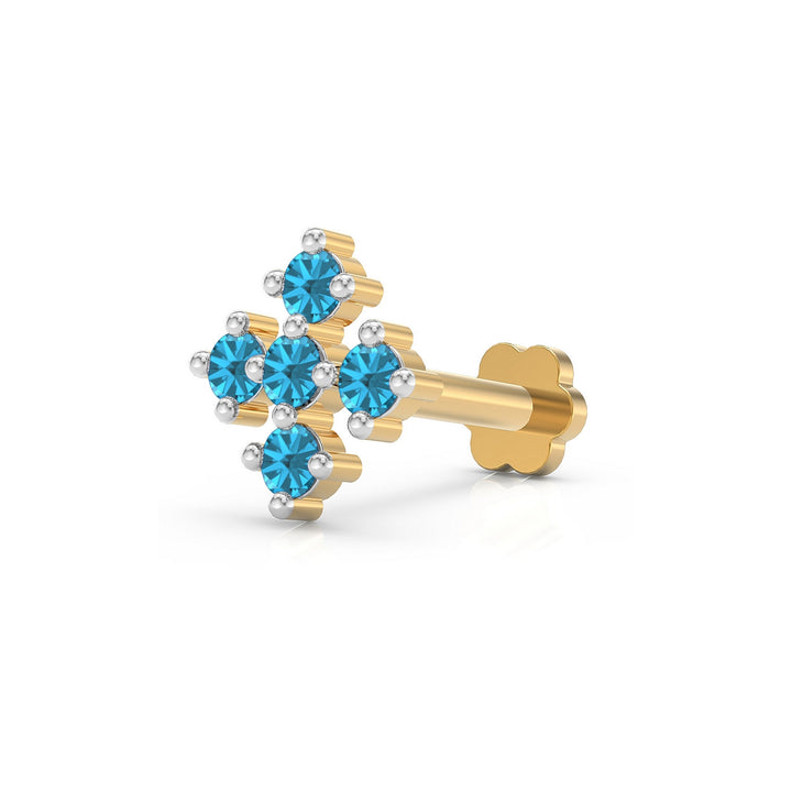 925 sterling silver gold plated Compass Nose Pin with topaz blue stone Main view#metal_gold-plated#stone-colour_topaz-blue