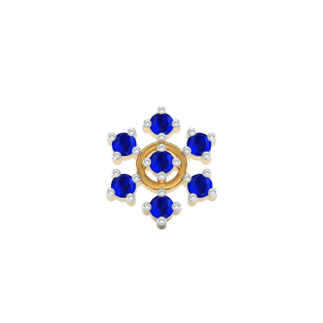 925 sterling silver gold plated Radiant Halo Nose Pin with sapphire blue stone Front view#metal_gold-plated#stone-colour_sapphire-blue