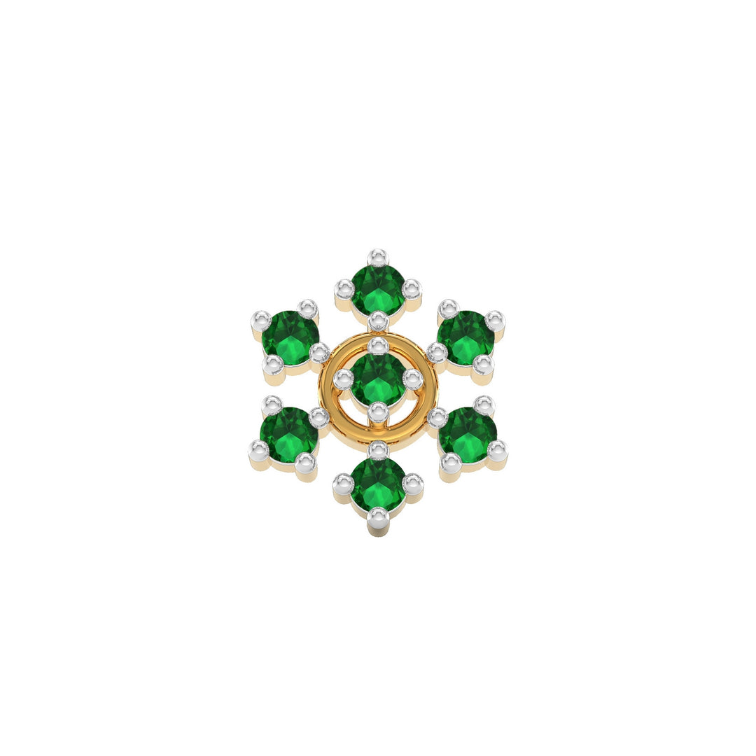 925 sterling silver gold plated Radiant Halo Nose Pin with emerald green stone Front view#metal_gold-plated#stone-colour_emerald-green