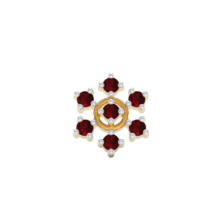 925 sterling silver gold plated Radiant Halo Nose Pin with ruby red stone Front view#metal_gold-plated#stone-colour_ruby-red