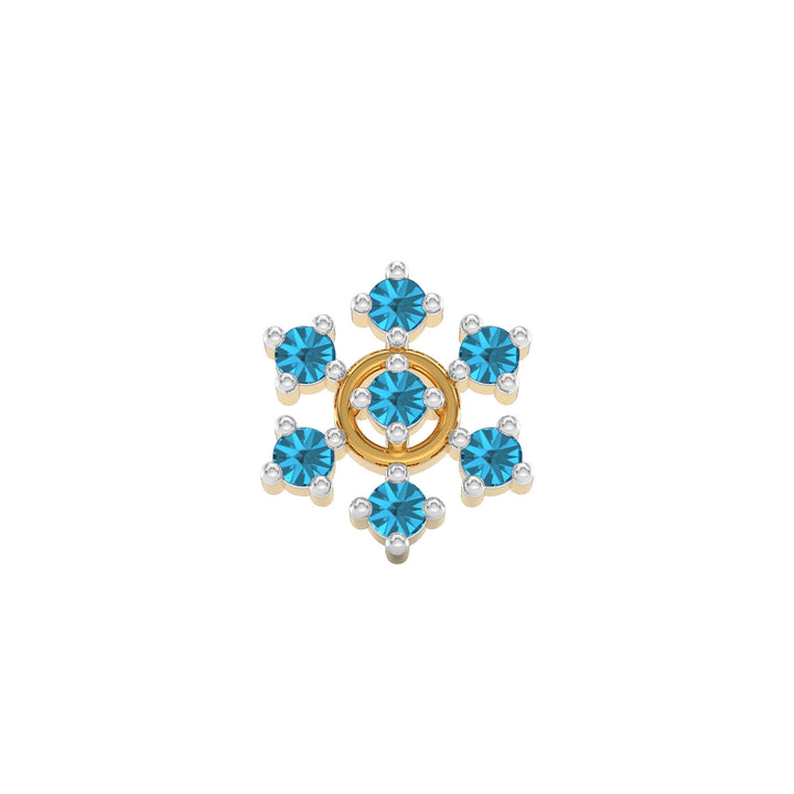 925 sterling silver gold plated Radiant Halo Nose Pin with topaz blue stone Front view#metal_gold-plated#stone-colour_topaz-blue