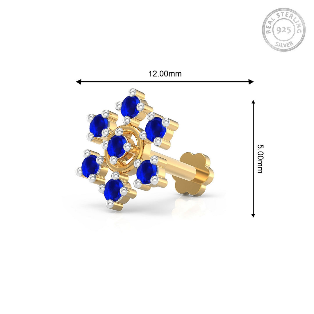 925 sterling silver gold plated Radiant Halo Nose Pin with sapphire blue stone Measurement#metal_gold-plated#stone-colour_sapphire-blue