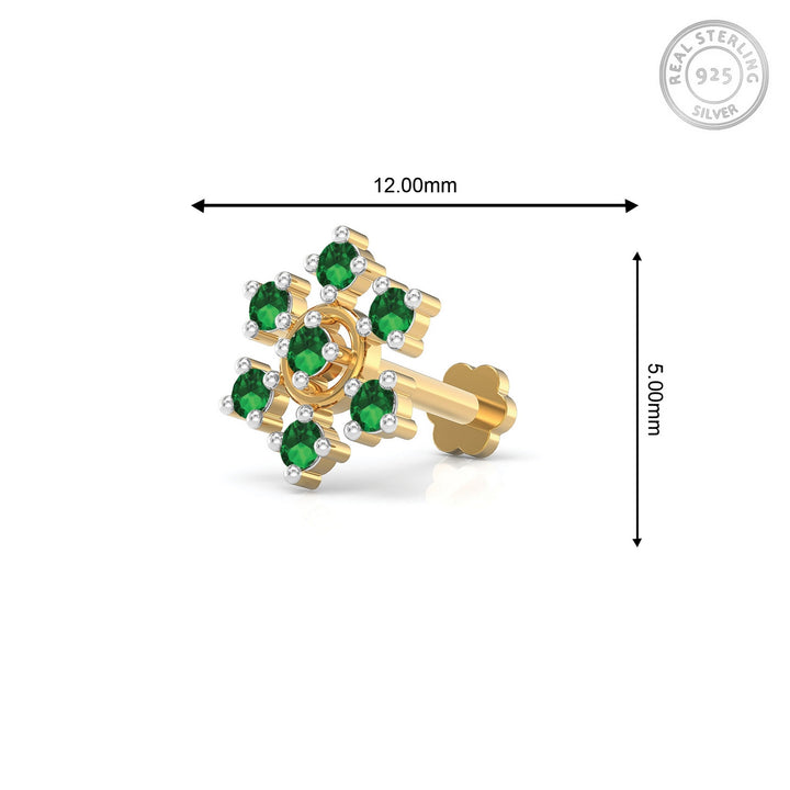 925 sterling silver gold plated Radiant Halo Nose Pin with emerald green stone Measurement#metal_gold-plated#stone-colour_emerald-green