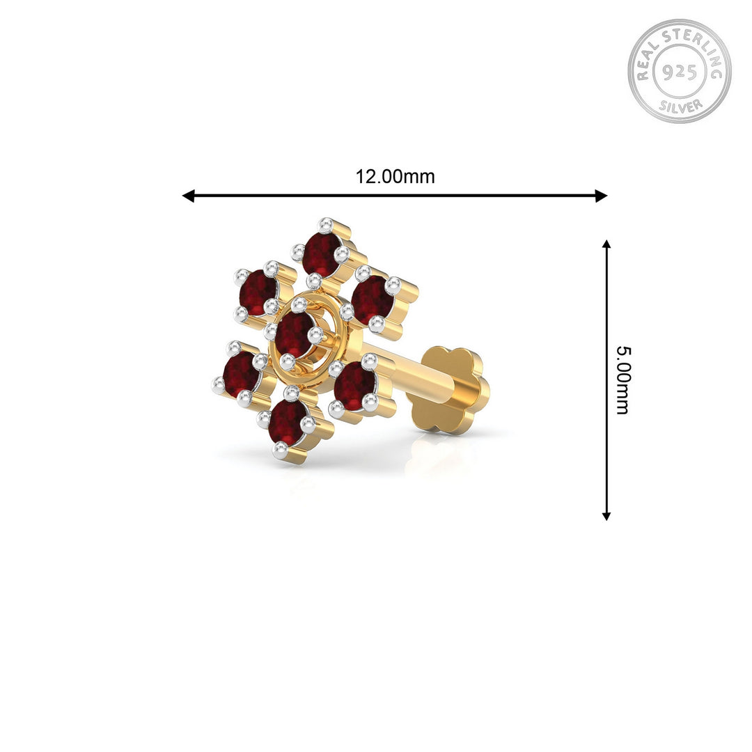 925 sterling silver gold plated Radiant Halo Nose Pin with ruby red stone Measurement#metal_gold-plated#stone-colour_ruby-red