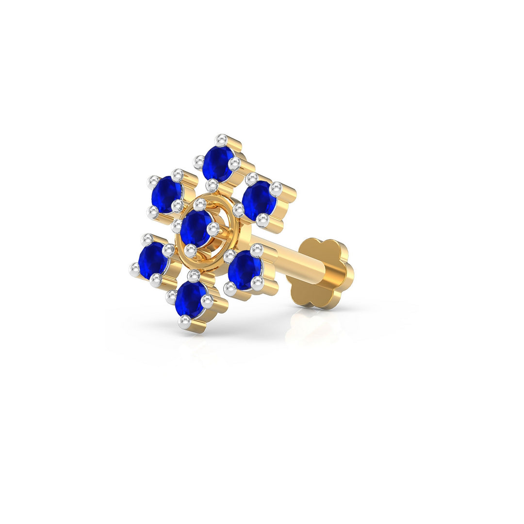 925 sterling silver gold plated Radiant Halo Nose Pin with sapphire blue stone Main view#metal_gold-plated#stone-colour_sapphire-blue