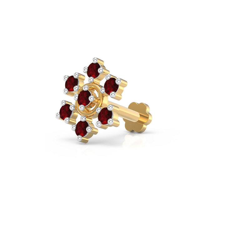 925 sterling silver gold plated Radiant Halo Nose Pin with ruby red stone Main view#metal_gold-plated#stone-colour_ruby-red